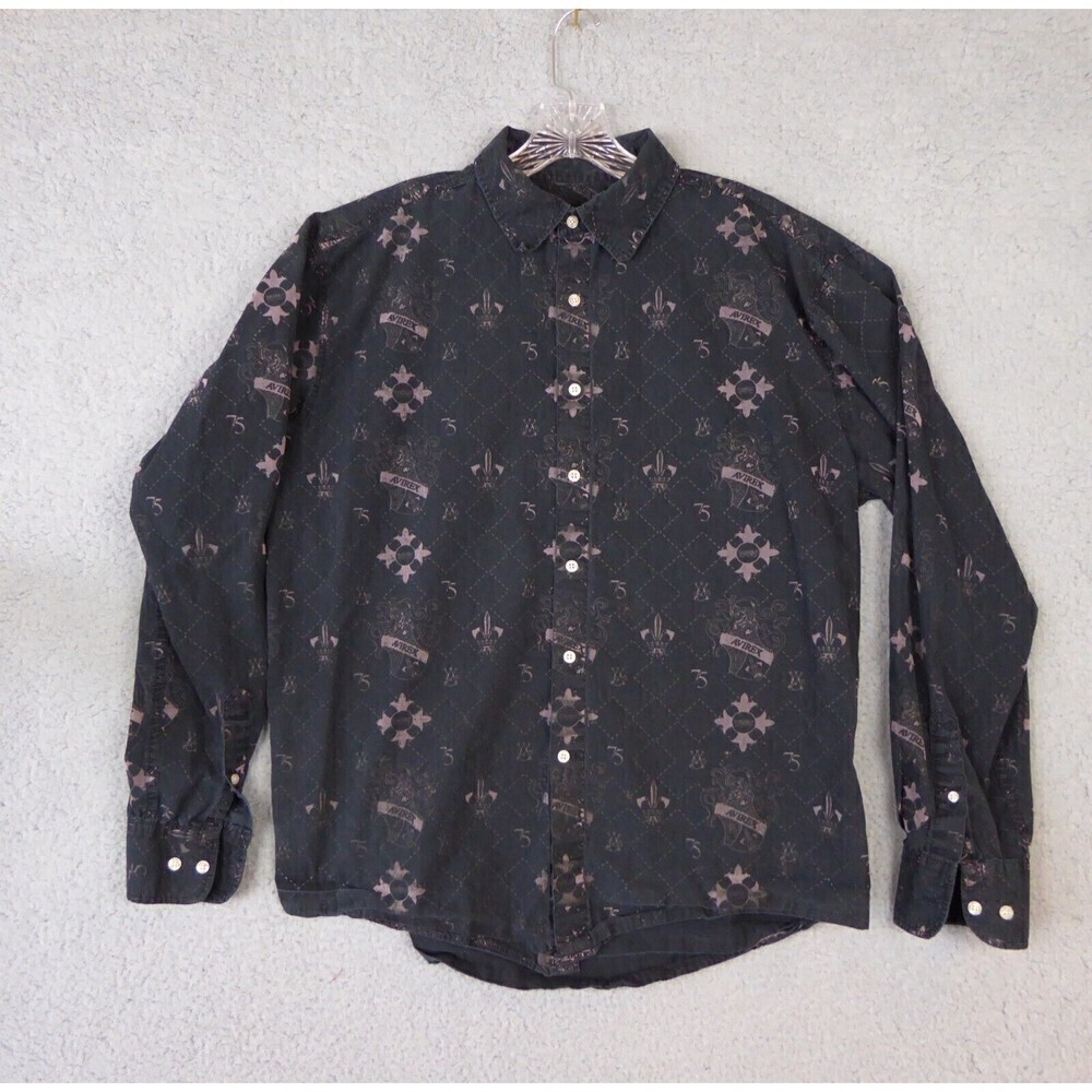 Avirex Shirt Mens Large Black Long Sleeve Button Down Floral Stitching Designer